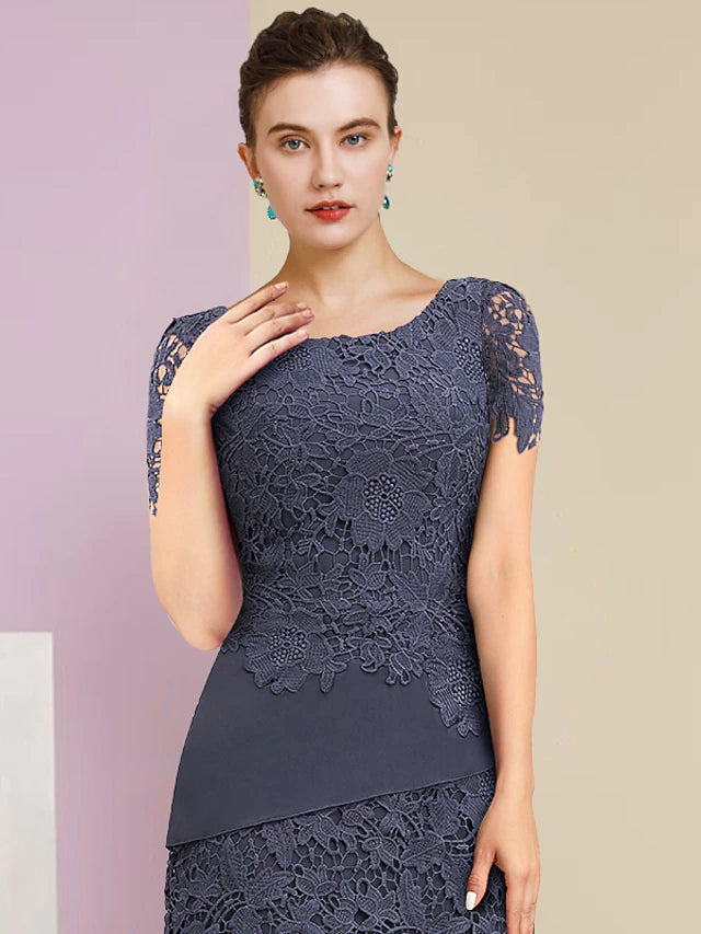 Luolandi Two Piece Sheath / Column Mother of the Bride Dress Formal Wedding Guest Vintage Elegant Scoop Neck Jewel Neck Knee Length Chiffon Lace Short Sleeve Jacket Dresses