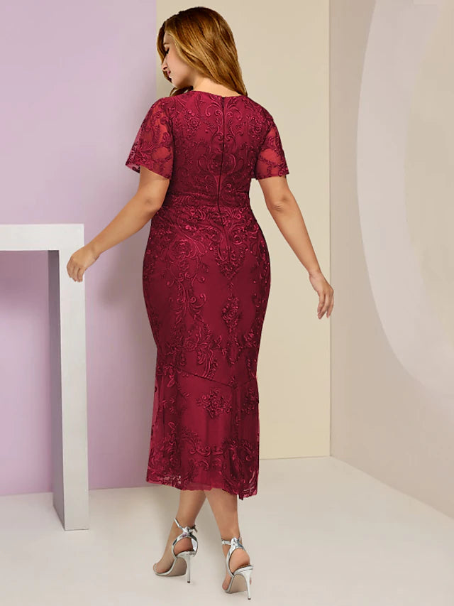 Luolandi Plus Size Curve Mother of the Bride Dress Wedding Guest Party Elegant V Neck Tea Length Lace Short Sleeve with Pleats