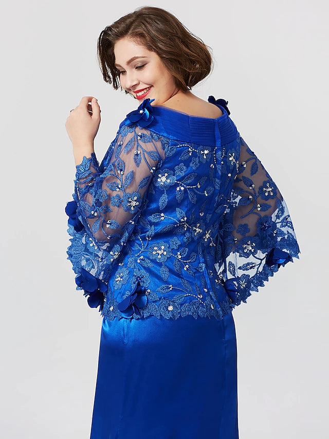 Luolandi Mermaid / Trumpet Mother of the Bride Dress Formal Plus Size Elegant Bateau Neck Sweep / Brush Train Lace Over Charmeuse Long Sleeves