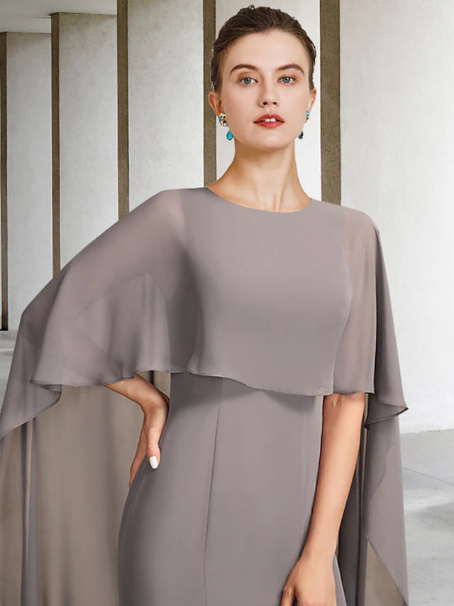 Luolandi A-Line Mother of the Bride Dress Plus Size Elegant Jewel Neck Sweep / Brush Train Chiffon Sleeveless with Split