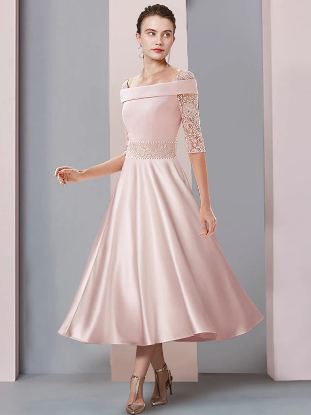 Luolandi A-Line Mother of the Bride Dress Formal Wedding Guest Elegant Square Neck Tea Length Satin Lace Half Sleeve