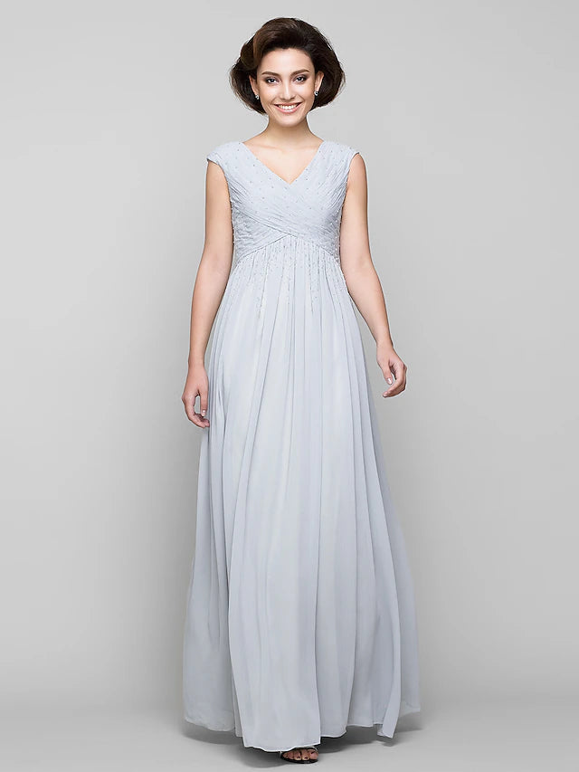 Luolandi A-Line Mother of the Bride Dress Elegant V Neck Floor Length Chiffon Sleeveless with Beading