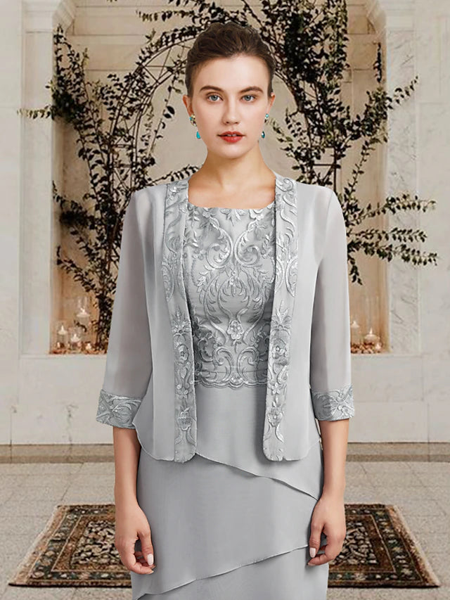 Luolandi Two Piece Sheath / Column Mother of the Bride Dress Church Elegant Square Neck Jewel Neck Knee Length Chiffon Lace Sleeveless Wrap Included