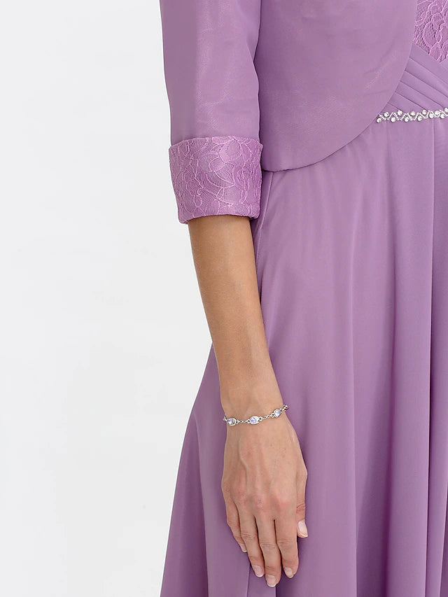 Luolandi Two Piece Ball Gown A-Line Mother of the Bride Dress Formal Church Convertible Dress High Low See Through Illusion Neck Asymmetrical Chiffon Lace 3/4 Length Sleeve