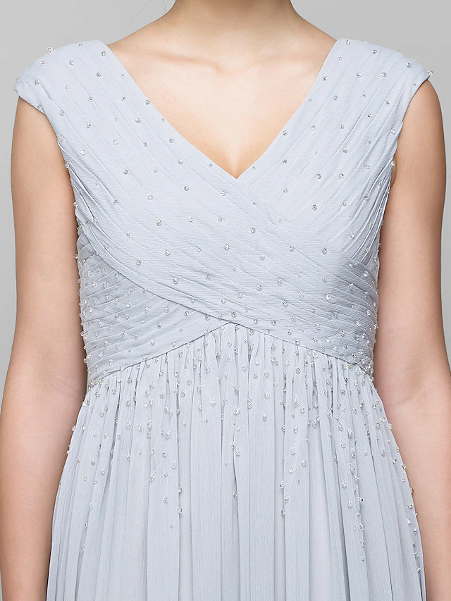 Luolandi A-Line Mother of the Bride Dress Elegant V Neck Floor Length Chiffon Sleeveless with Beading