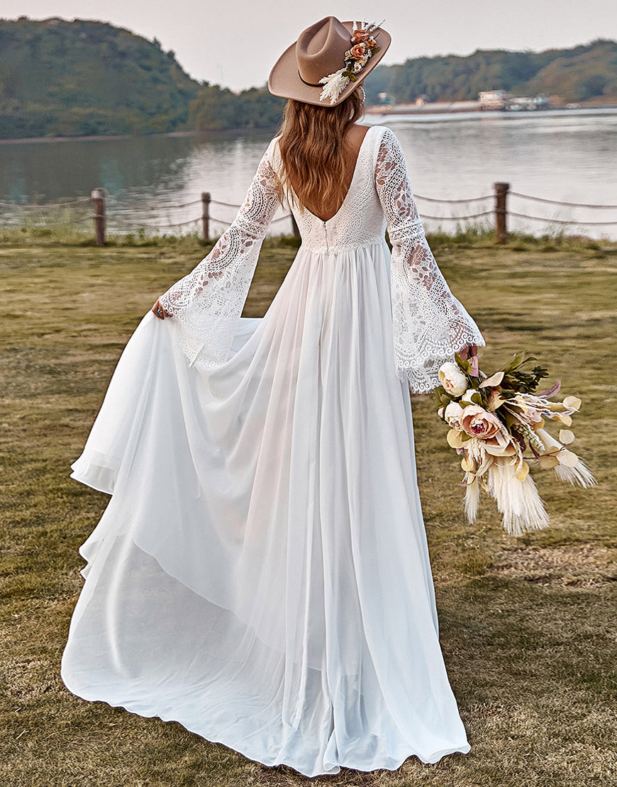 Luolandi Ivory Lace Chiffon Trumpet Sleeve Boho Wedding Dress Floor Length With Slit