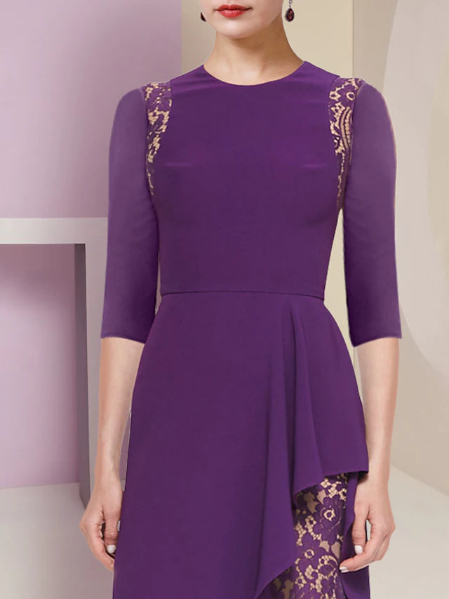 Luolandi A-Line Mother of the Bride Dress Formal Elegant Scoop Neck Sweep / Brush Train Lace Fabric Half Sleeve