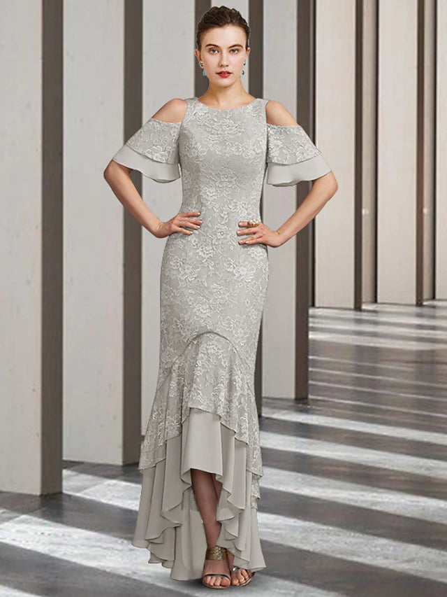 Luolandi Sheath / Column Mother of the Bride Dress Elegant High Low Jewel Neck Floor Length Chiffon Lace Short Sleeve