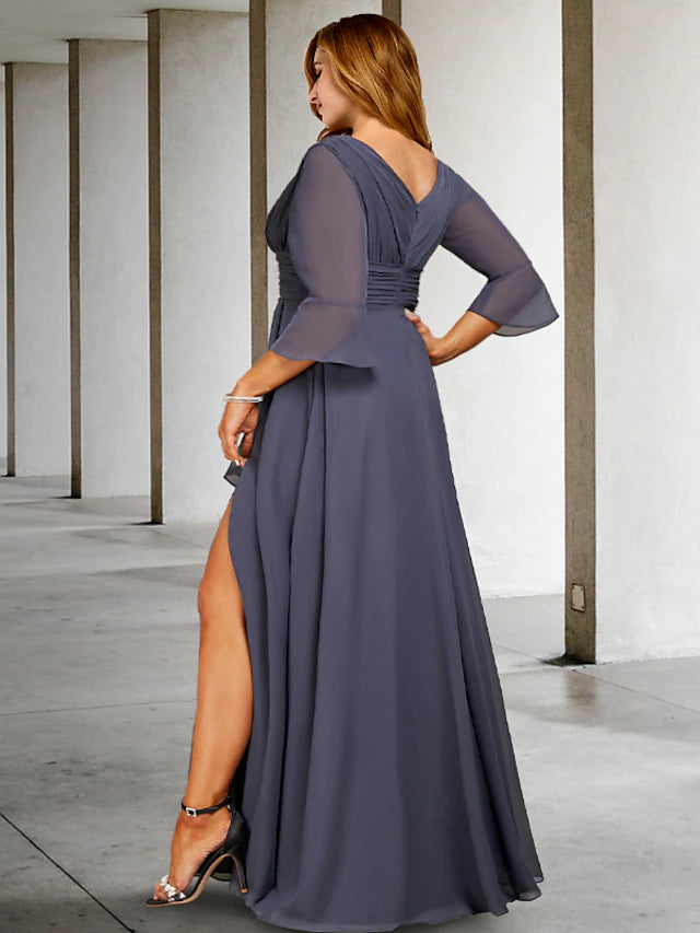 Luolandi A-Line Plus Size Curve Mother of the Bride Dresses Elegant Dress Formal Asymmetrical 3/4 Length Sleeve V Neck Chiffon with Slit