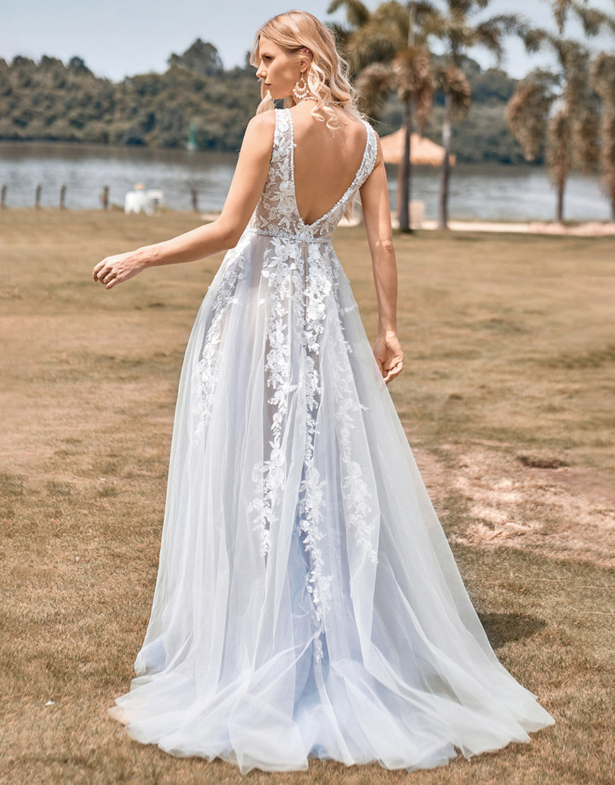 Luolandi A Line Tulle Ivory Wedding Dress with Appliques V-neck Open Back Sexy