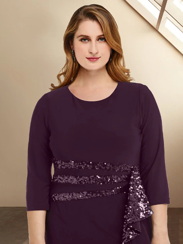 Luolandi Sheath / Column Plus Size Curve Mother of the Bride Dresses Elegant Dress Formal Floor Length 3/4 Length Sleeve Jewel Neck Sequined with Ruffles