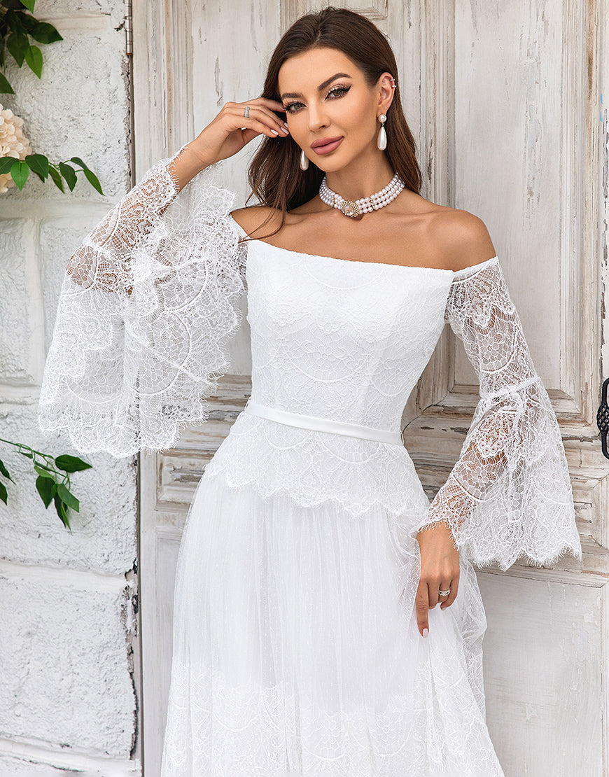 Luolandi Ivory Sweep Train Flare Sleeves Wedding Dress Off Shoulder Floor Length