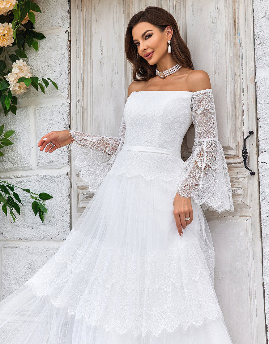 Luolandi Ivory Sweep Train Flare Sleeves Wedding Dress Off Shoulder Floor Length