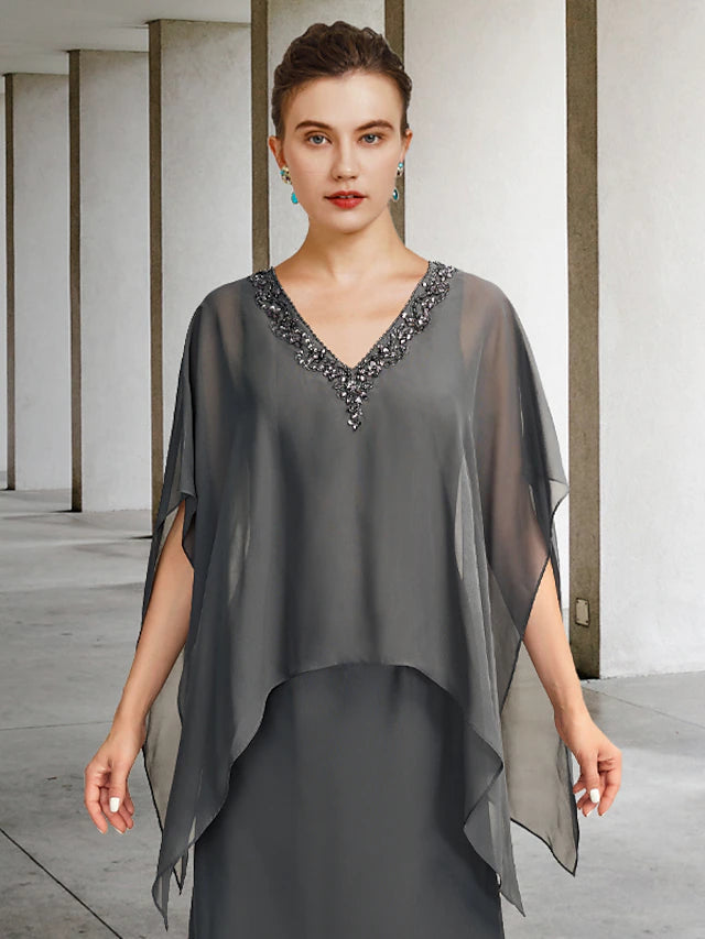 Luolandi A-Line Mother of the Bride Dress Luxurious Elegant V Neck Floor Length Chiffon Sleeveless Shawls with Beading