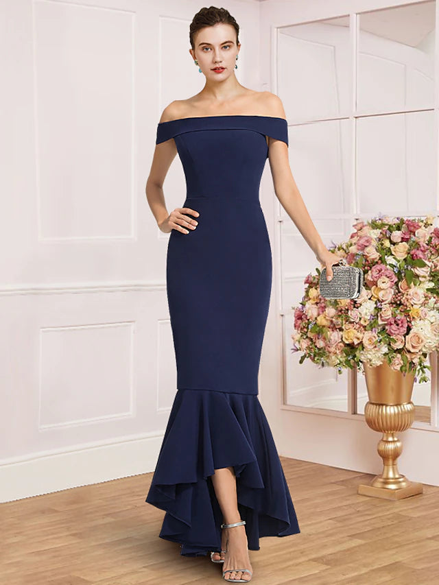 Luolandi Sheath / Column Mother of the Bride Dress Wedding Guest Party Elegant Off Shoulder Asymmetrical Fabric Cap Sleeve with Pleats