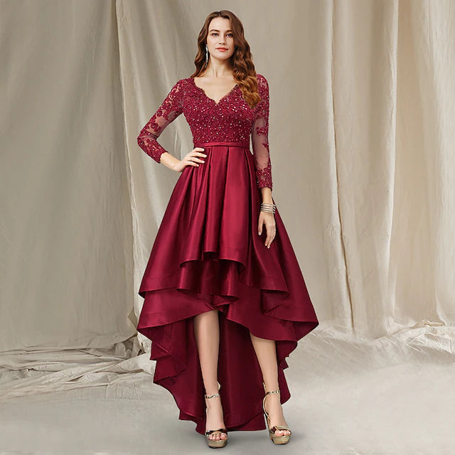 Luolandi A-Line Mother of the Bride Dress Luxurious Elegant High Low V Neck Asymmetrical Floor Length Satin Lace Half Sleeve with Beading