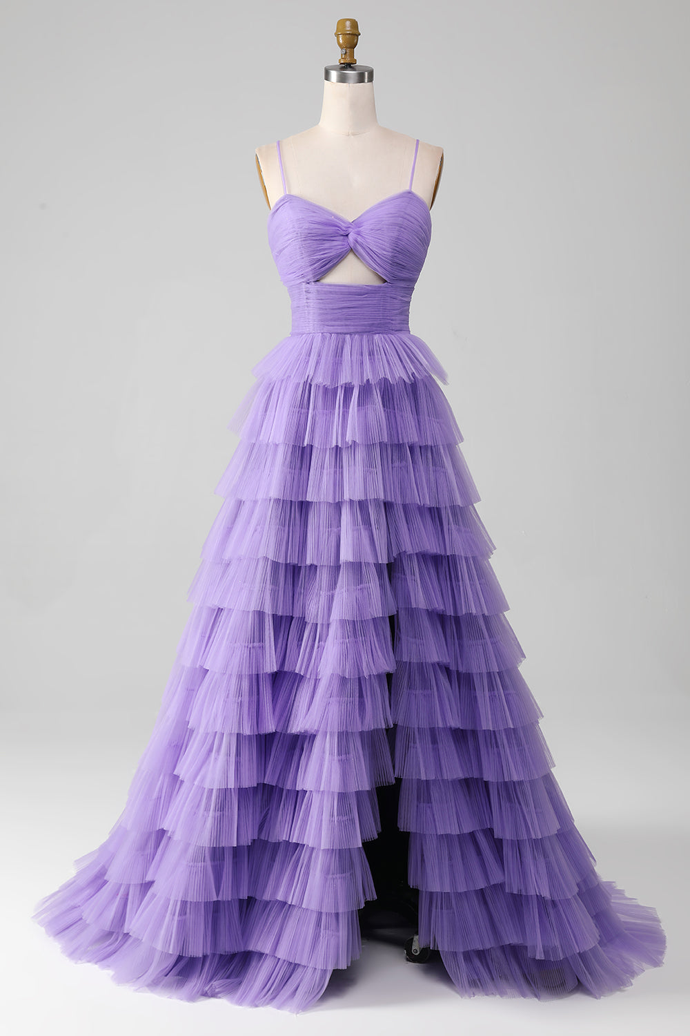 Luolandi Purple Tulle A-Line Tiered Long Prom Dress With Slit V-neck Sexy