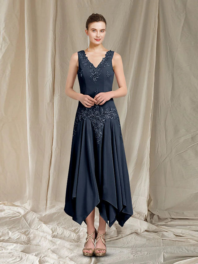 Luolandi Two Piece A-Line Mother of the Bride Dress Elegant V Neck Ankle Length Chiffon Lace Sleeveless Wrap Included with Appliques