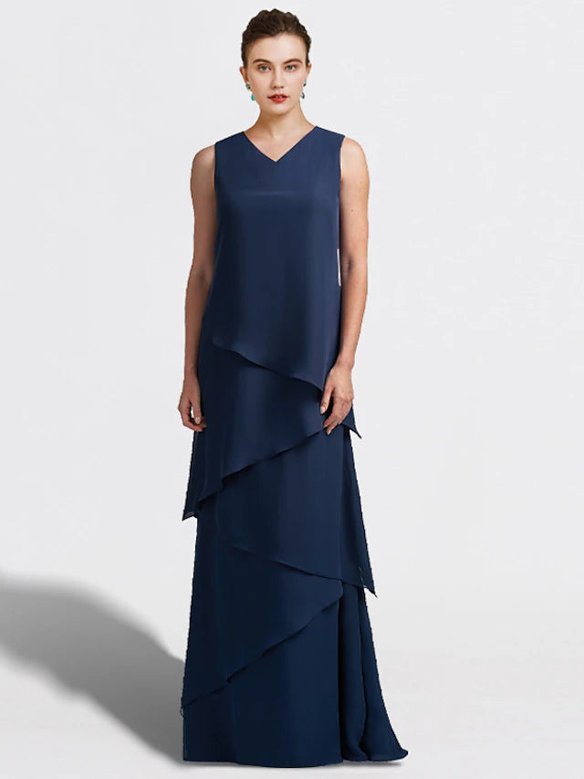 Luolandi Two Piece A-Line Mother of the Bride Dress Plus Size Elegant V Neck Floor Length Chiffon Sleeveless Wrap Included