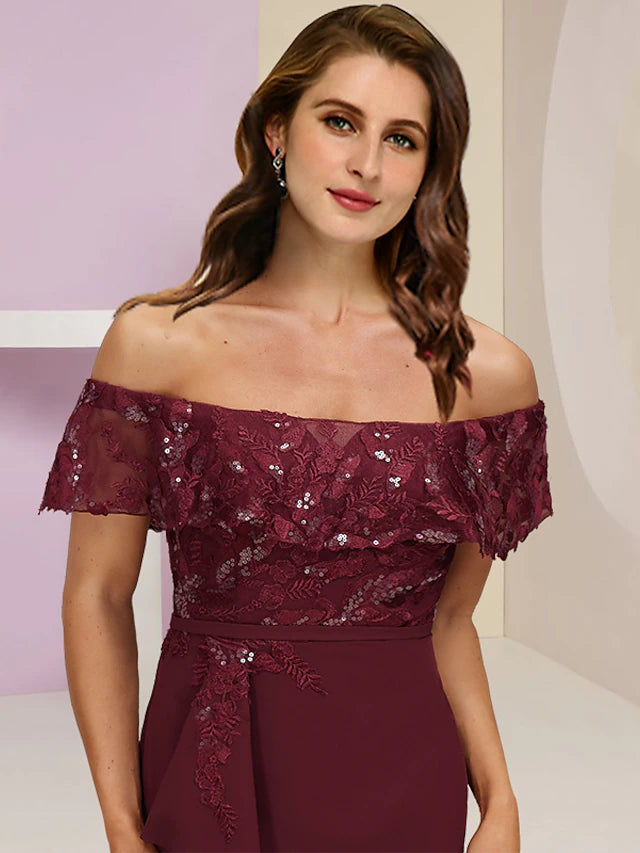 Luolandi Plus Size Curve Mother of the Bride Dress Wedding Guest Party Elegant Off Shoulder Floor Length Chiffon Lace Short Sleeve