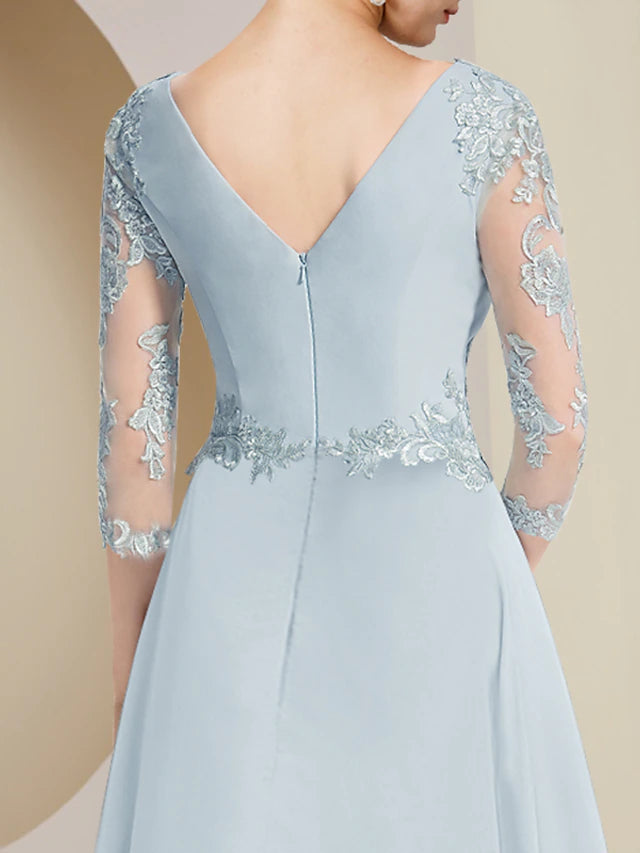 Luolandi A-Line Mother of the Bride Dress Party Elegant V Neck Asymmetrical Lace Chiffon 3/4 Length Sleeve with Pleats