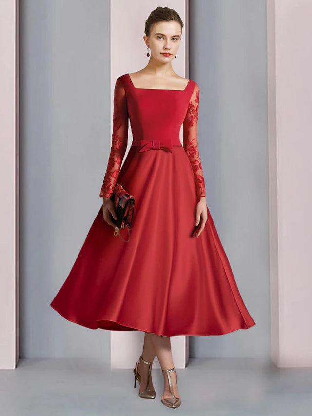 Luolandi A-Line Mother of the Bride Dress Formal Wedding Guest Vintage Elegant Square Neck Tea Length Satin Lace Fabric Long Sleeve with Bow(s)