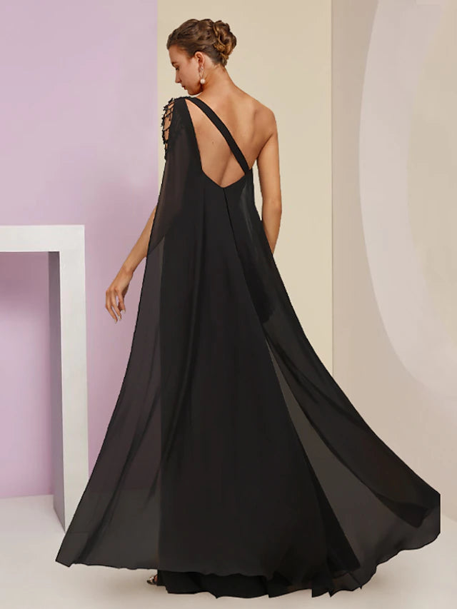 Luolandi A-Line Mother of the Bride Dress Wedding Guest Vintage Elegant One Shoulder Floor Length Tea Length Chiffon Sleeveless with Beading