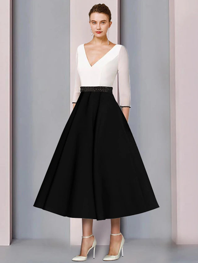 Luolandi A-Line Mother of the Bride Dress Wedding Guest Elegant V Neck Tea Length Chiffon Satin Short Sleeve with Sash / Ribbon