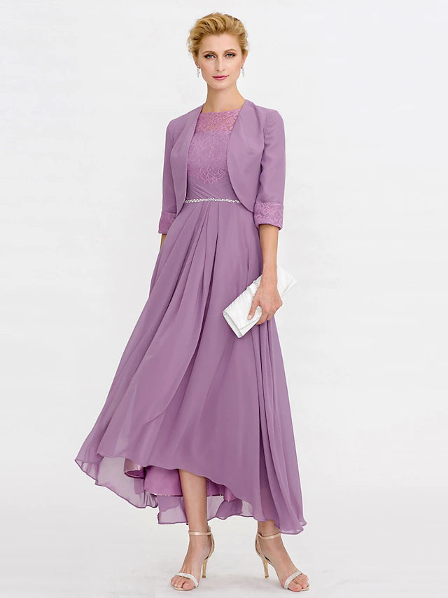 Luolandi Two Piece Ball Gown A-Line Mother of the Bride Dress Formal Church Convertible Dress High Low See Through Illusion Neck Asymmetrical Chiffon Lace 3/4 Length Sleeve