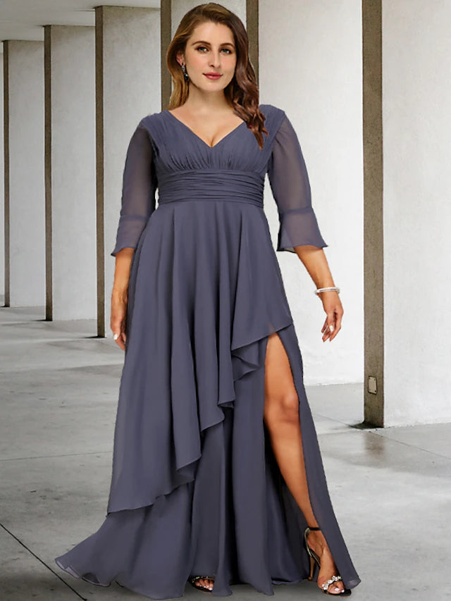 Luolandi A-Line Plus Size Curve Mother of the Bride Dresses Elegant Dress Formal Asymmetrical 3/4 Length Sleeve V Neck Chiffon with Slit