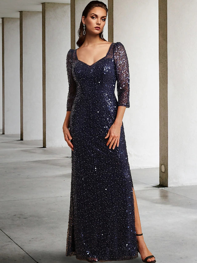 Luolandi Sheath / Column Mother of the Bride Dress Elegant Sparkle & Shine Square Neck Floor Length Tulle Sequined 3/4 Length Sleeve with Beading Sequin Split