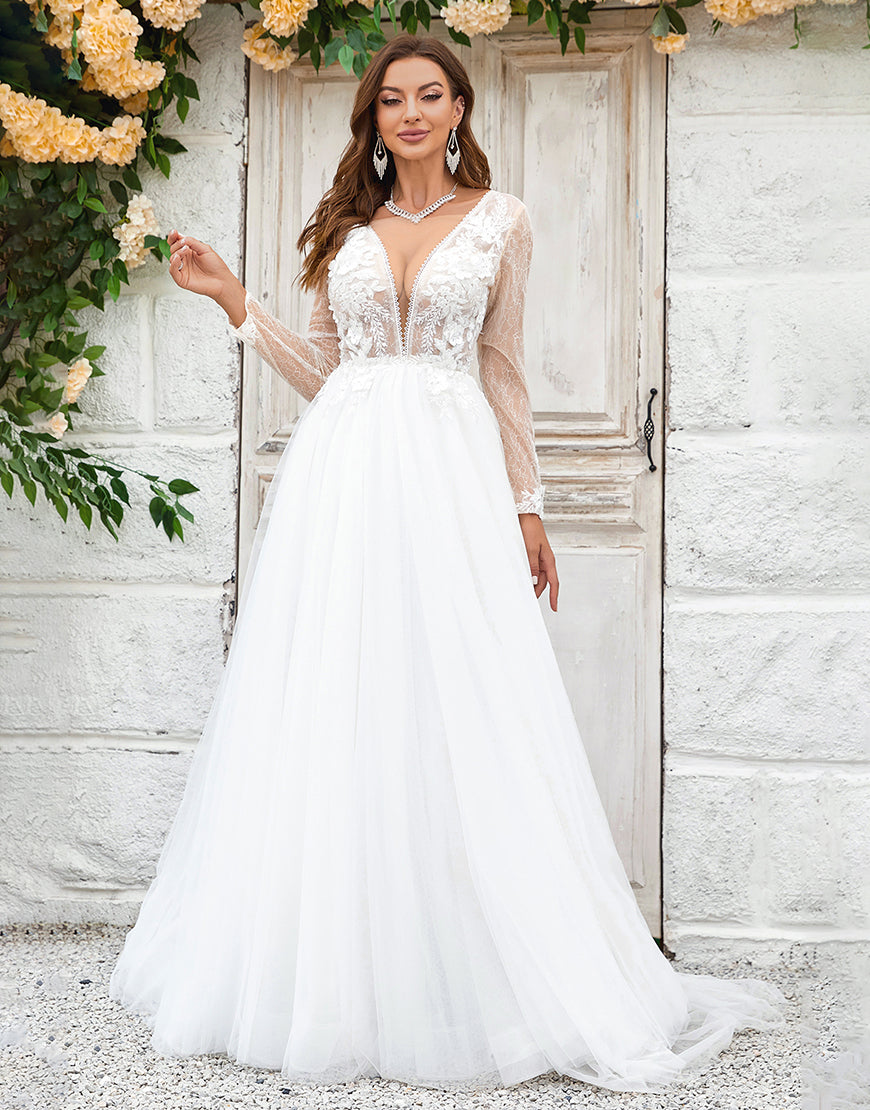 Luolandi Deep V-Neck Ivory Tulle Sweep Train Wedding Dress with Lace Open Back Sexy