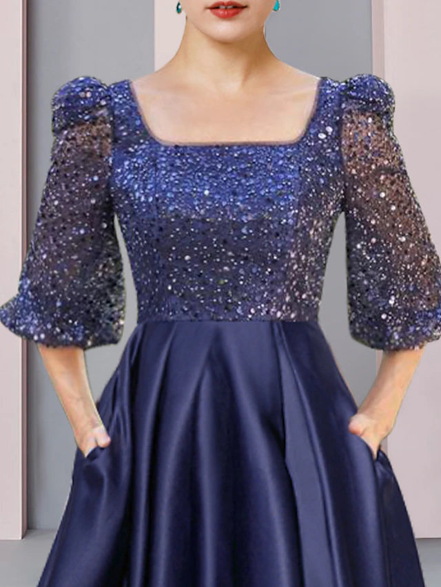 Luolandi Sheath / Column Mother of the Bride Dress Formal Wedding Guest Elegant Sparkle & Shine High Low Square Neck Asymmetrical Tea Length Satin Lace Half Sleeve with Pleats Beading