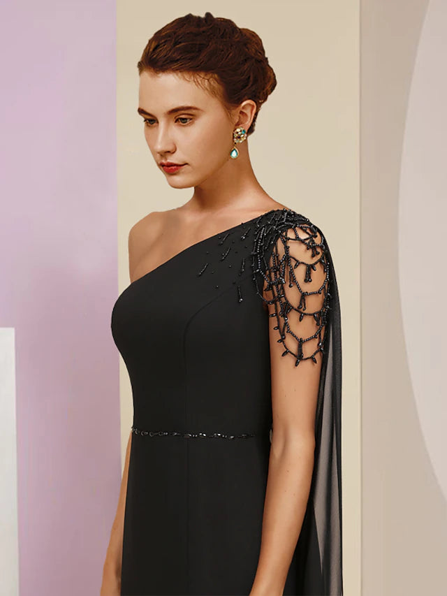 Luolandi A-Line Mother of the Bride Dress Wedding Guest Vintage Elegant One Shoulder Floor Length Tea Length Chiffon Sleeveless with Beading