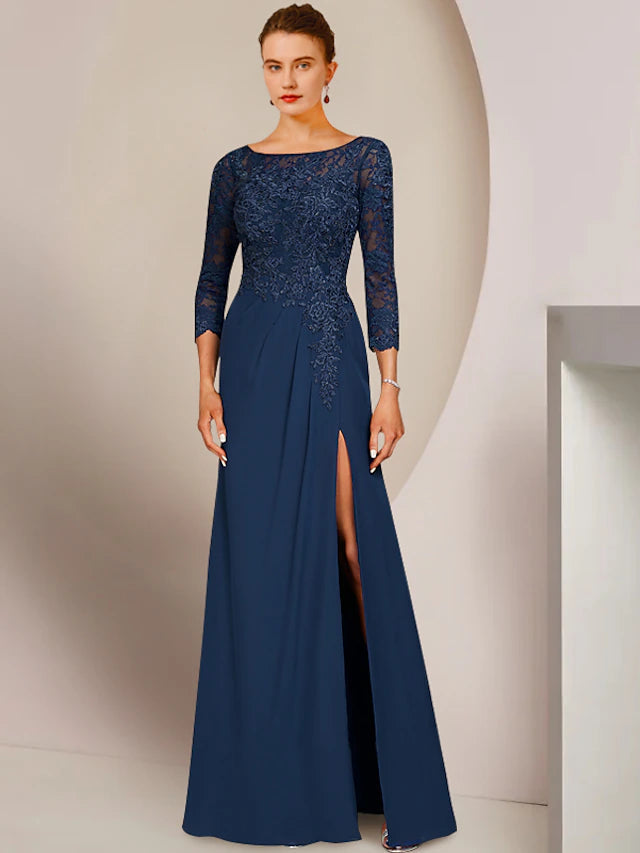 Luolandi A-Line Mother of the Bride Dress Elegant Scoop Neck Floor Length Chiffon Lace 3/4 Length Sleeve with Appliques