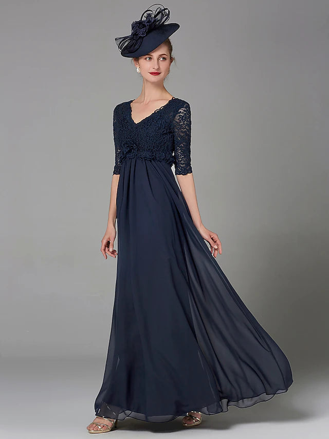 Luolandi A-Line Mother of the Bride Dress Elegant & Luxurious V Neck Floor Length Chiffon Lace Half Sleeve with Lace