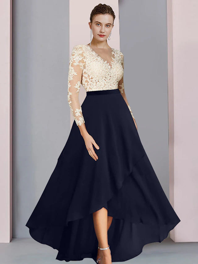 Luolandi Sheath / Column Mother of the Bride Dress Wedding Guest Party Elegant V Neck Asymmetrical Chiffon Lace Long Sleeve with Pleats