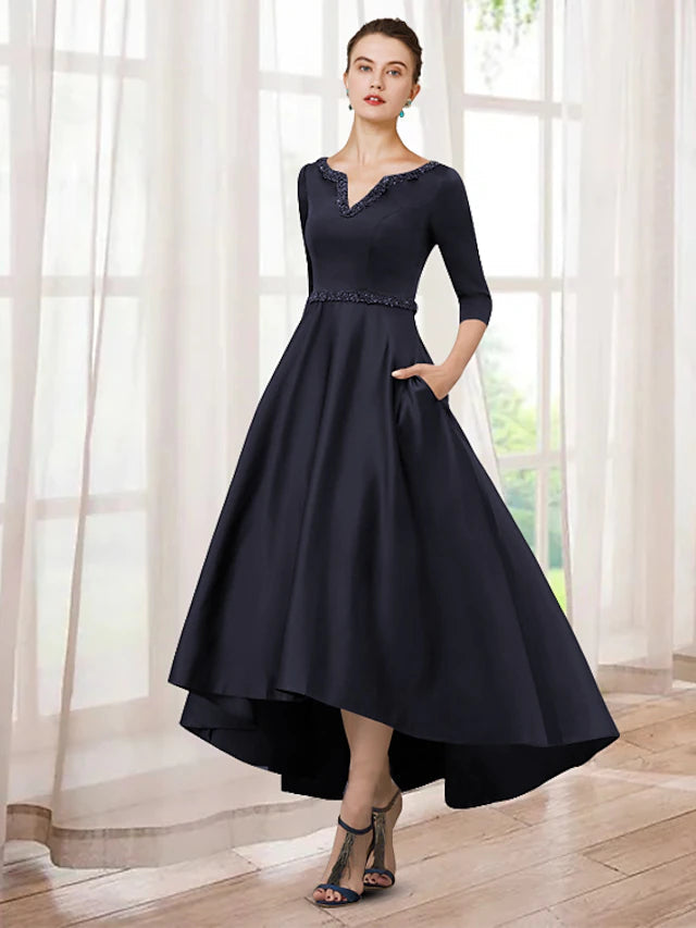 Luolandi A-Line Mother of the Bride Dress Elegant High Low V Neck Asymmetrical Tea Length Satin Half Sleeve with Beading  Pure Color