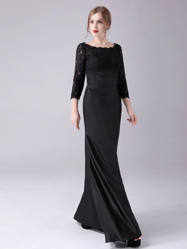 Luolandi Mermaid / Trumpet Mother of the Bride Dress Plus Size Elegant Jewel Neck Floor Length Satin 3/4 Length Sleeve with Lace
