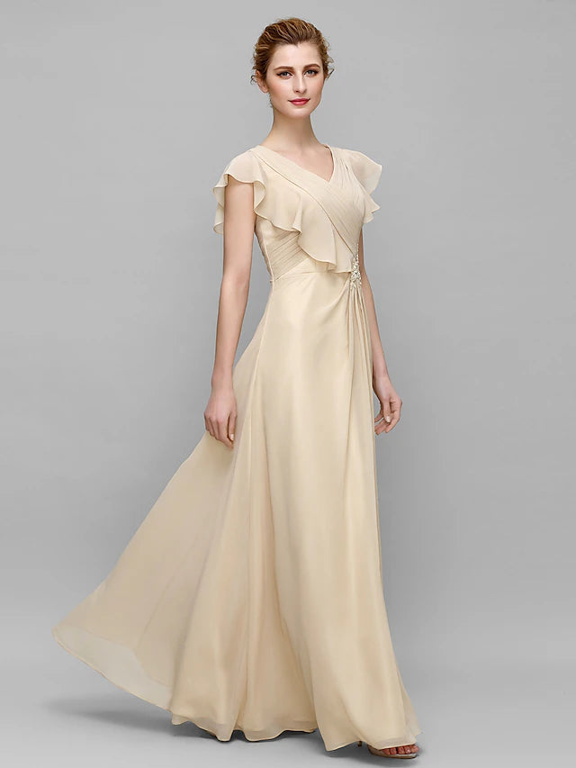 Luolandi Sheath / Column Mother of the Bride Dress Plus Size Elegant V Neck Floor Length Chiffon Sleeveless with Appliques