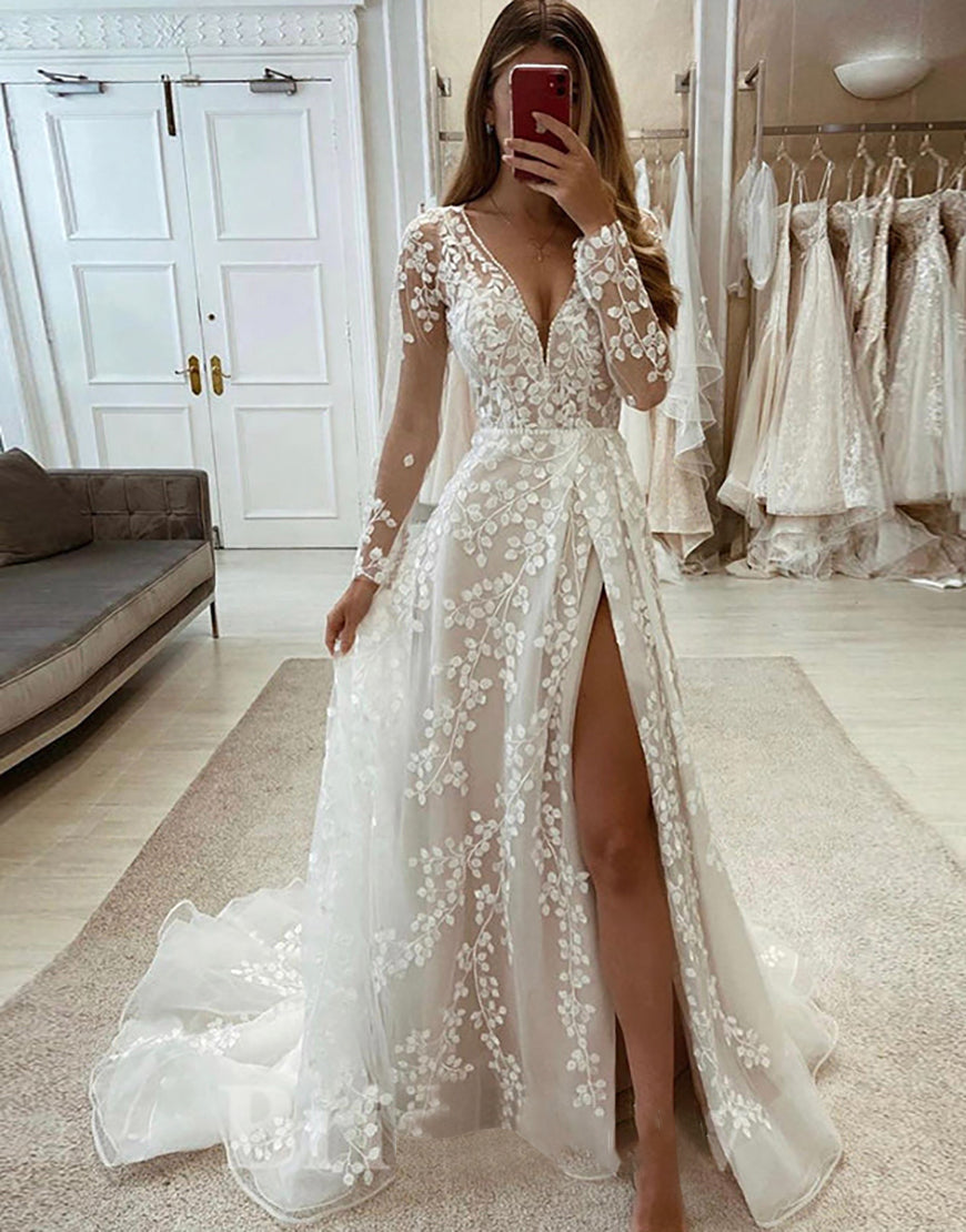 Luolandi Charming V-Neck Long Sleeves Wedding Dress With Split Sexy Beautiful Bridal Gown