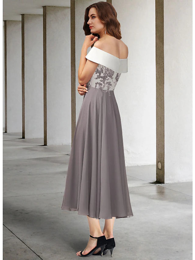 Luolandi A-Line Mother of the Bride Dress Elegant Off Shoulder Tea Length Chiffon Lace Short Sleeve with Appliques