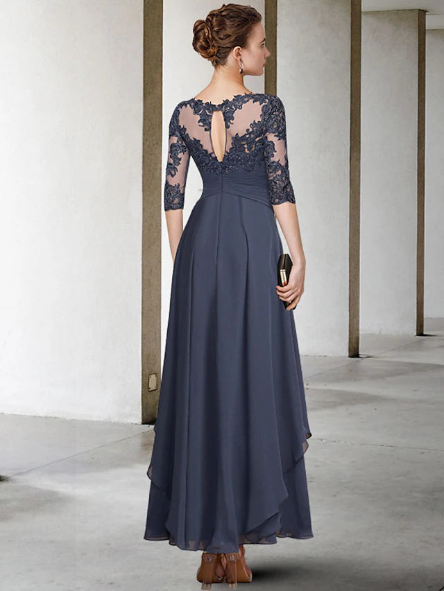 Luolandi A-Line Mother of the Bride Dress Elegant Jewel Neck Ankle Length Chiffon Lace Short Sleeve with Appliques