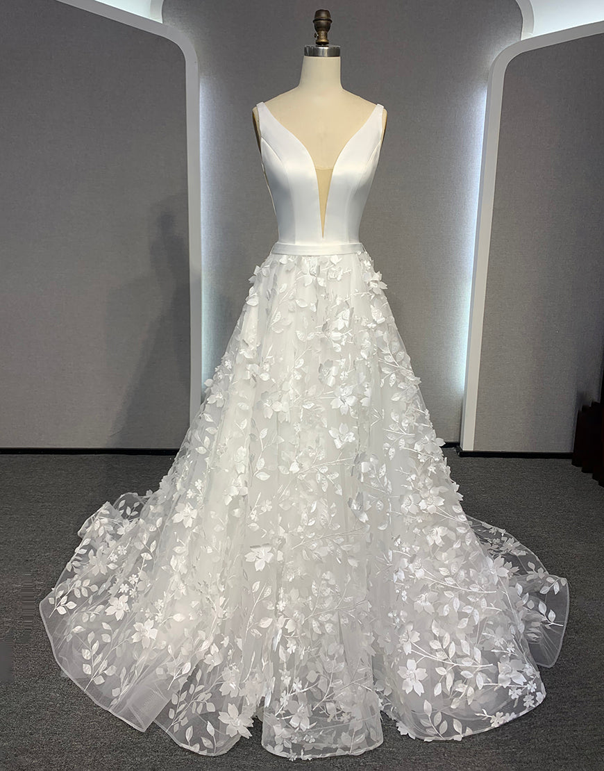 Luolandi V Neck Open Back A Line Ivory Wedding Dress With Appliques Beautiful