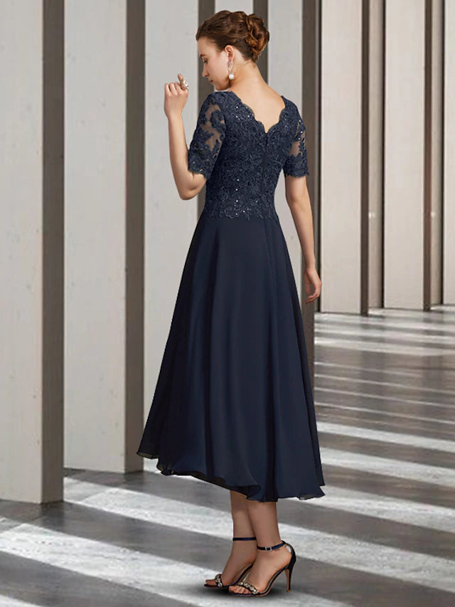 Luolandi A-Line Mother of the Bride Dress Elegant High Low V Neck Asymmetrical Tea Length Chiffon Lace Short Sleeve with Appliques