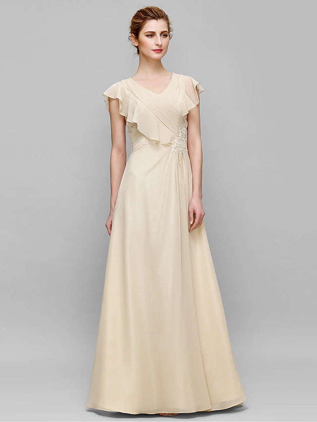 Luolandi Sheath / Column Mother of the Bride Dress Plus Size Elegant V Neck Floor Length Chiffon Sleeveless with Appliques