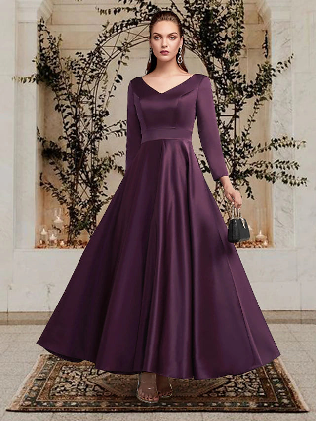 Luolandi A-Line Mother of the Bride Dress Plus Size Elegant V Neck Ankle Length Satin Long Sleeve with Pleats