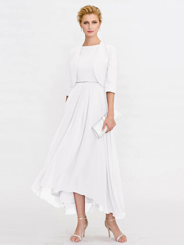 Luolandi Two Piece Ball Gown A-Line Mother of the Bride Dress Formal Church Convertible Dress High Low See Through Illusion Neck Asymmetrical Chiffon Lace 3/4 Length Sleeve