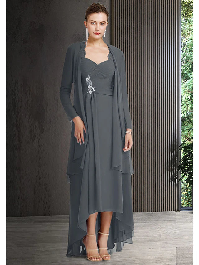 Luolandi Two Piece Sheath / Column Mother of the Bride Dress Elegant High Low Bateau Neck Asymmetrical Chiffon Lace 3/4 Length Sleeve Jacket Dresses with Draping