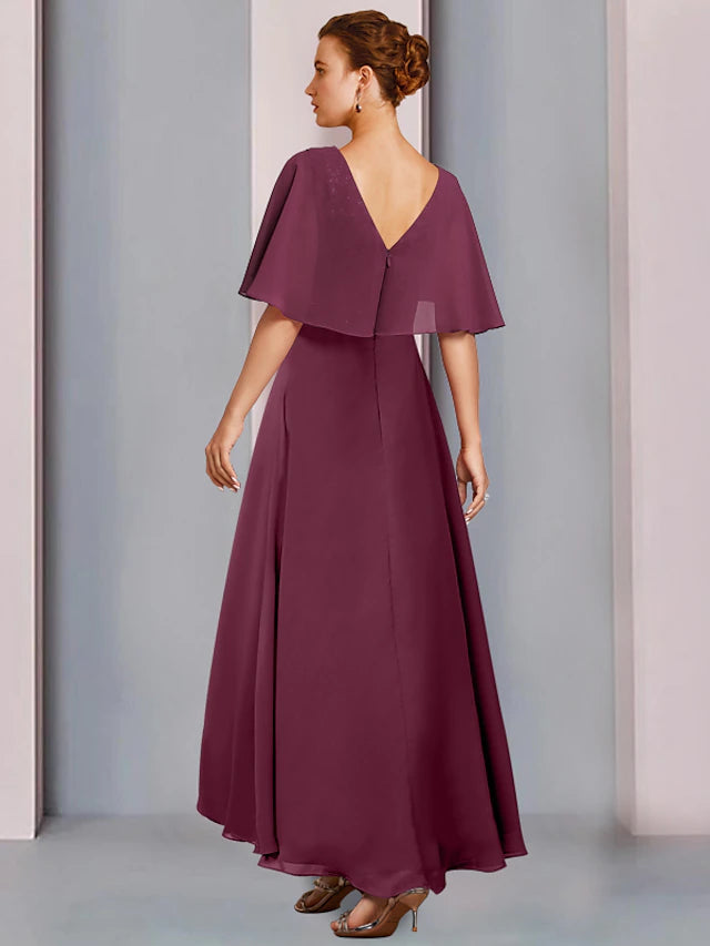 Luolandi Sheath / Column Mother of the Bride Dress Wedding Guest Party Elegant V Neck Asymmetrical Chiffon Lace Half Sleeve with Pleats